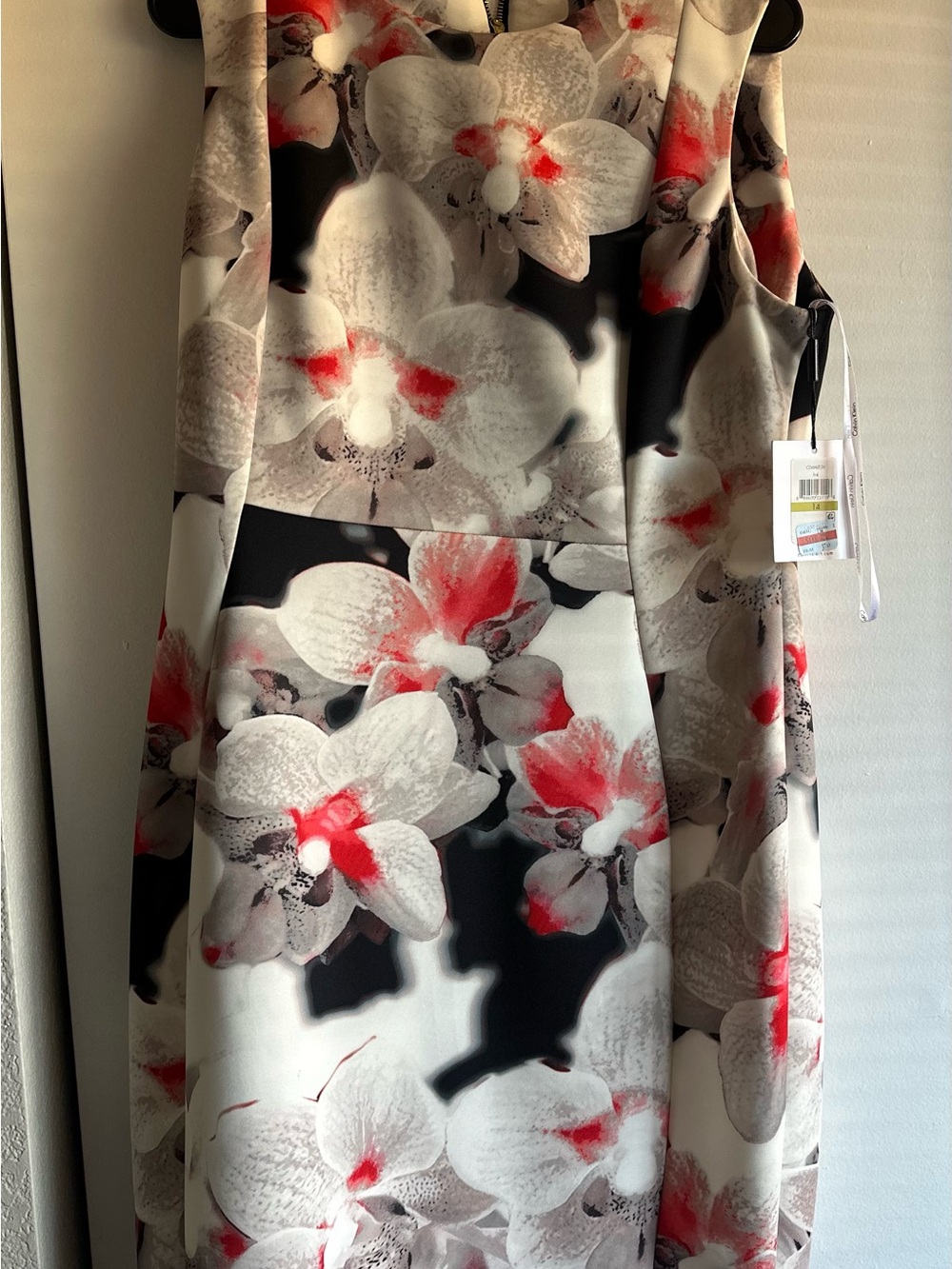 Calvin Klein | Floral Print Dress in White, Black & Red | 14